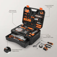 328 Pieces Home Tool Kit & Storage Case - General Household Hand Tool Set with Detachable Drawer for Easy Organization, Perfect for DIY Repairs, Home Maintenance — infographic