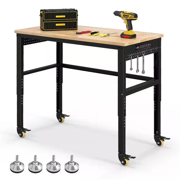48 In. W X 24 In. D Adjustable Workbench with Solid Oak Wood Top