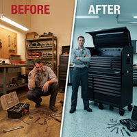 56 In. W X 22 In. D Heavy Duty 23-Drawer Combination Rolling Tool Chest and Top Tool Cabinet Set in Matte Black — Before & After