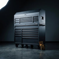 56 In. W X 22 In. D Heavy Duty 23-Drawer Combination Rolling Tool Chest and Top Tool Cabinet Set in Matte Black — Studio Shot