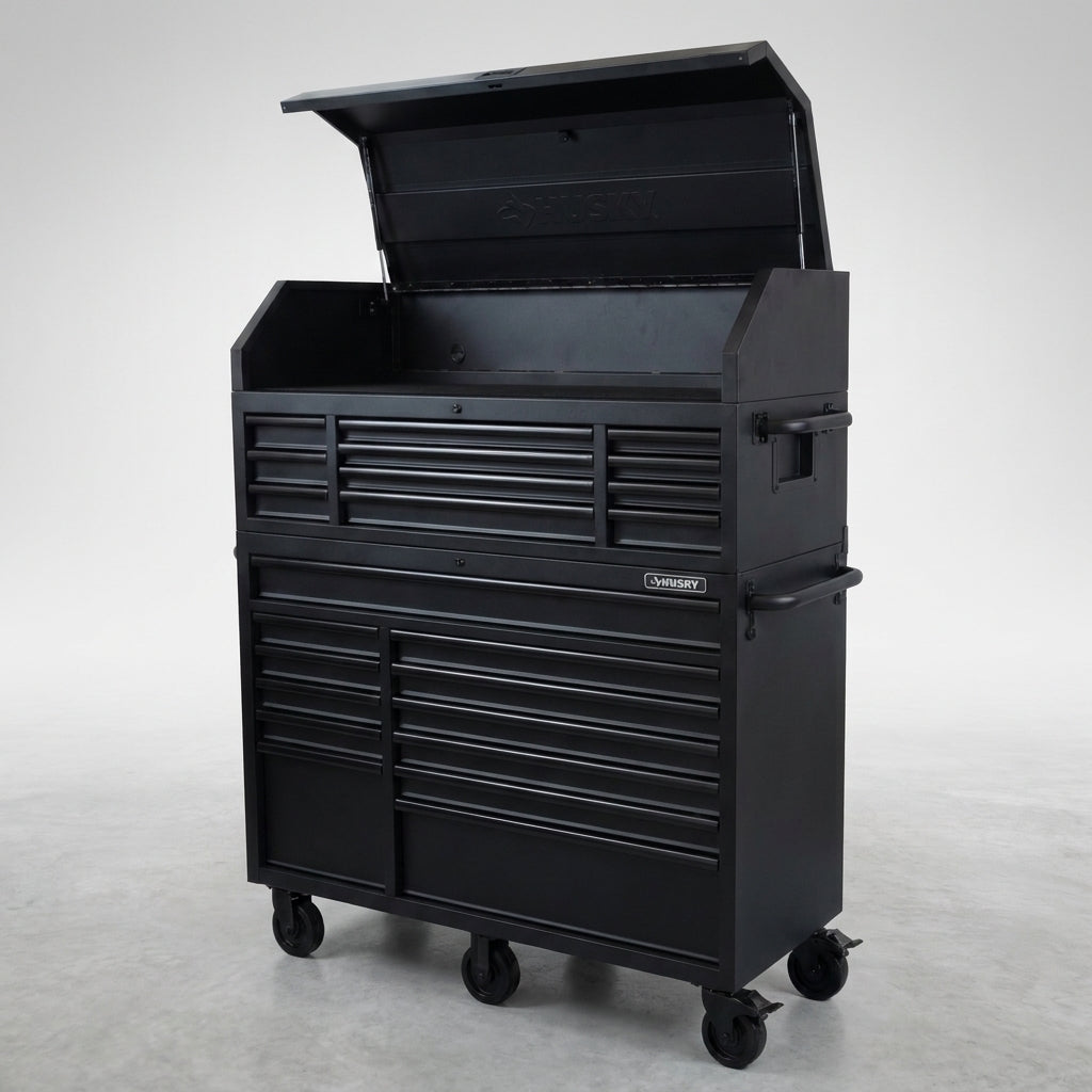56 In. W X 22 In. D Heavy Duty 23-Drawer Combination Rolling Tool Chest and Top Tool Cabinet Set in Matte Black — Studio Shot