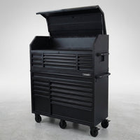 56 In. W X 22 In. D Heavy Duty 23-Drawer Combination Rolling Tool Chest and Top Tool Cabinet Set in Matte Black — Studio Shot