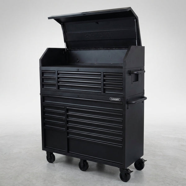 56 In. W X 22 In. D Heavy Duty 23-Drawer Combination Rolling Tool Chest and Top Tool Cabinet Set in Matte Black — Studio Shot