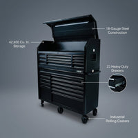 56 In. W X 22 In. D Heavy Duty 23-Drawer Combination Rolling Tool Chest and Top Tool Cabinet Set in Matte Black — infographic