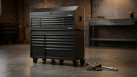 56 In. W X 22 In. D Heavy Duty 23-Drawer Combination Rolling Tool Chest and Top Tool Cabinet Set in Matte Black — Lifestyle