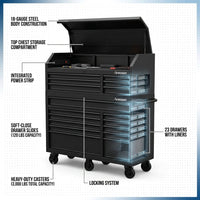 56 In. W X 22 In. D Heavy Duty 23-Drawer Combination Rolling Tool Chest and Top Tool Cabinet Set in Matte Black — How It Works