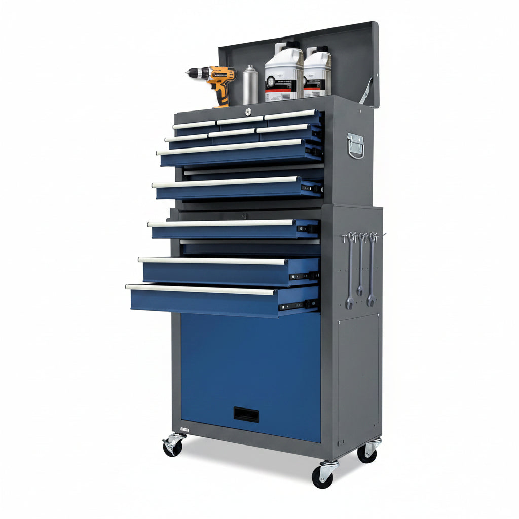 Kirmoasl 13-Drawer Rolling Tool Chest, Large Tool Chest with Wheels, 2 in 1 Detachable Tool Chests, Portable Tool Storage, Locking Mechanic Tool Box for Warehouse, Garage, Gray & Blue