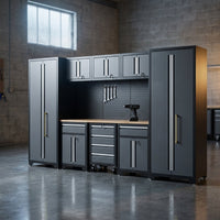 9-Piece Garage Shop Tool Storage Cabinet Set with Pegboard and Wooden Work Top 24 Gauge Steel Tool Chests & Garage Mounted Storage Systems - Black+Gray — Studio Shot