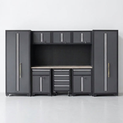 Garage Storage Cabinet System Built for Professional Organization, 24 Gauge Steel, Workbench Top, Pegboard