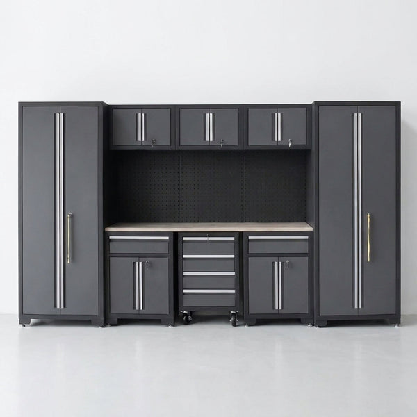 9-Piece Garage Shop Tool Storage Cabinet Set with Pegboard and Wooden Work Top 24 Gauge Steel Tool Chests & Garage Mounted Storage Systems - Black+Gray — Studio Shot