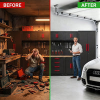 Garage Storage Cabinet System - 2 * 6-Pcs Workshop Set | with Steel Cabinet Drawers, Tool Chest, Workbench, Pegboard for Tool Organization — Before & After