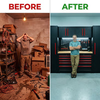 Garage Storage Cabinet System Built for Professional Organization, 12-Piece Set, Steel Construction, Workbench — Before & After