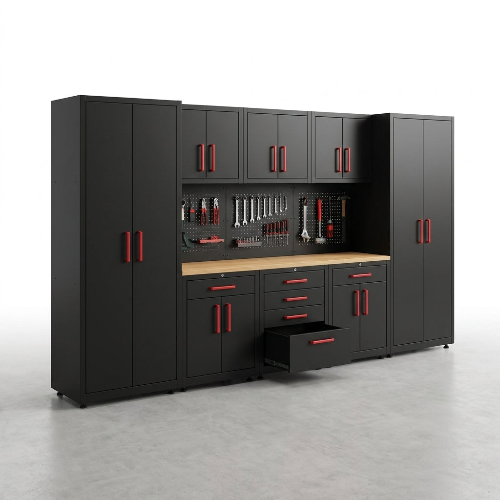 Garage Storage Cabinet System Built for Professional Organization, 12-Piece Set, Steel Construction, Workbench — Studio Shot