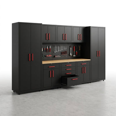 Garage Storage Cabinet System Built for Professional Organization, 12-Piece Set, Steel Construction, Workbench