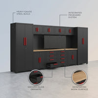 Garage Storage Cabinet System Built for Professional Organization, 12-Piece Set, Steel Construction, Workbench — infographic