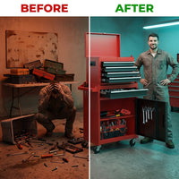 Rolling Tool Chest, 5-Drawer Tool Box Organizer W/Lockable Wheels & Sliding Drawers & Detachable Top & Adjustable Shelf, Tool Storage Cabinet for Garage Workshop (Red+Black) — Before & After