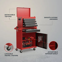 Rolling Tool Chest, 5-Drawer Tool Box Organizer W/Lockable Wheels & Sliding Drawers & Detachable Top & Adjustable Shelf, Tool Storage Cabinet for Garage Workshop (Red+Black) — infographic