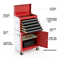 Rolling Tool Chest, 5-Drawer Tool Box Organizer W/Lockable Wheels & Sliding Drawers & Detachable Top & Adjustable Shelf, Tool Storage Cabinet for Garage Workshop (Red+Black) — How It Works