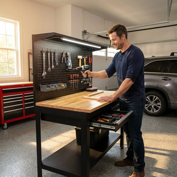 Heavy-Duty Workbench Built for Professional Use, 2000 LB Capacity, Adjustable Height, Power Outlets