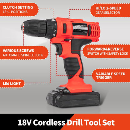 346Pcs Tool Sets, 18V Electric Power Drill Set for Men, Household Home DIY Hand Tool Kits,18+1 Clutch Cordless Power Drill Set for Thanksgiving, Christmas,Father'S Day (Silver)